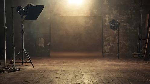 Empty vintage photo studio waits under warm spotlight