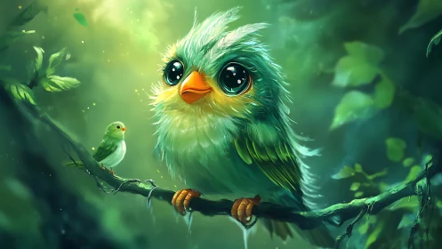 Adorable Cartoon Bird Duo on Branch in Lush Green Forest Setting.