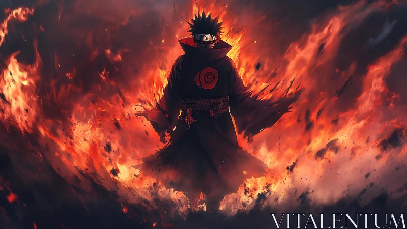 Fiery masked warrior stepping calmly through swirling flames.