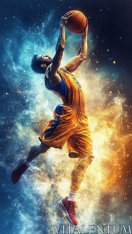 Dynamic basketball dunk in dual-tone energy explosion.