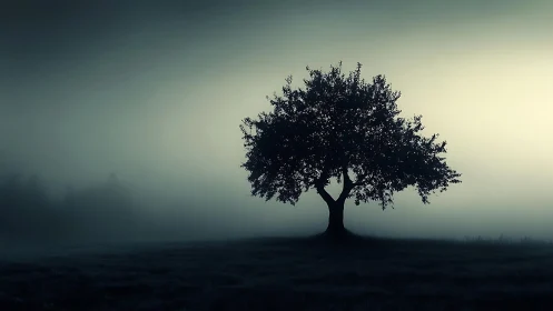 Solitary deciduous tree stands in misty low key landscape