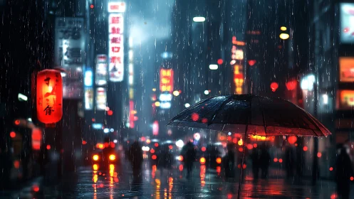 Umbrella crosses neon city street under heavy night rain