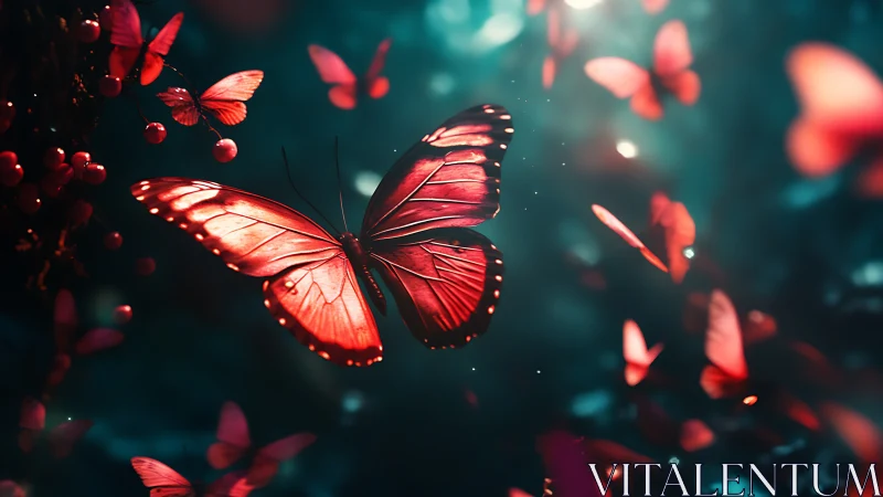 Red butterflies in teal-toned forest environment at dusk.