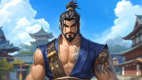 Samurai styled warrior in blue vest before temple complex.