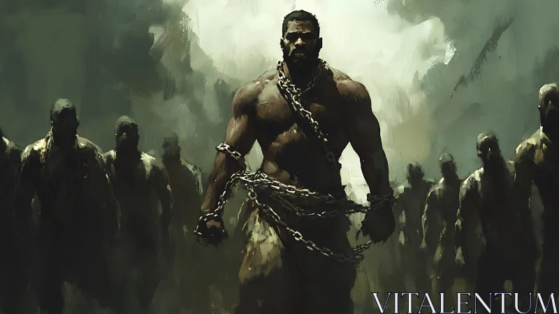 Powerful chained leader strides through misty battleground.