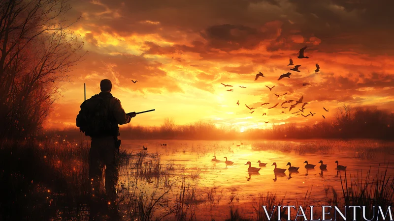Hunter silhouette surveys migratory waterfowl at incendiary dawn