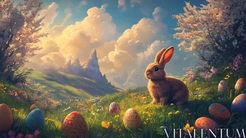 Spring meadow rabbit rests among painted Easter eggs.