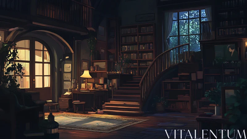 Cozy moonlit library nook with winding staircase glow.
