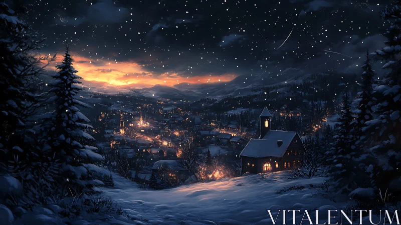 Snowy town glows beneath a starry winter twilight sky