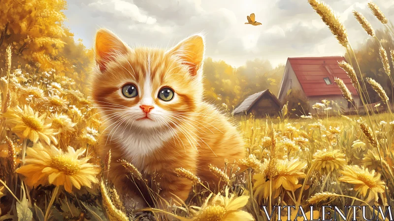 Orange tabby kitten in sunlit wildflower field.