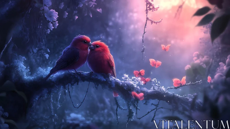 Two red birds perched on frosted branch amid glowing butterflies