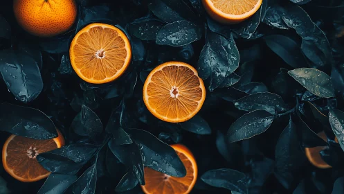Orange slices on dark wet foliage in overhead composition.