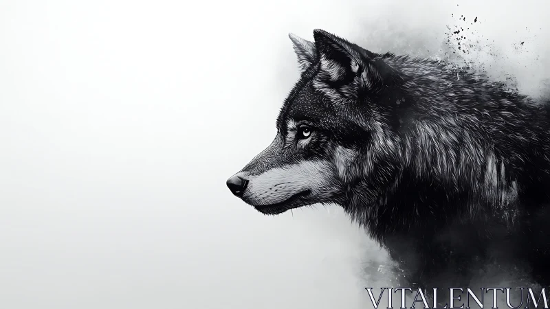Monochrome lateral wolf portrait with dissolving particle fur