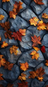 Autumn maple leaves rest on textured blue-gray stone path