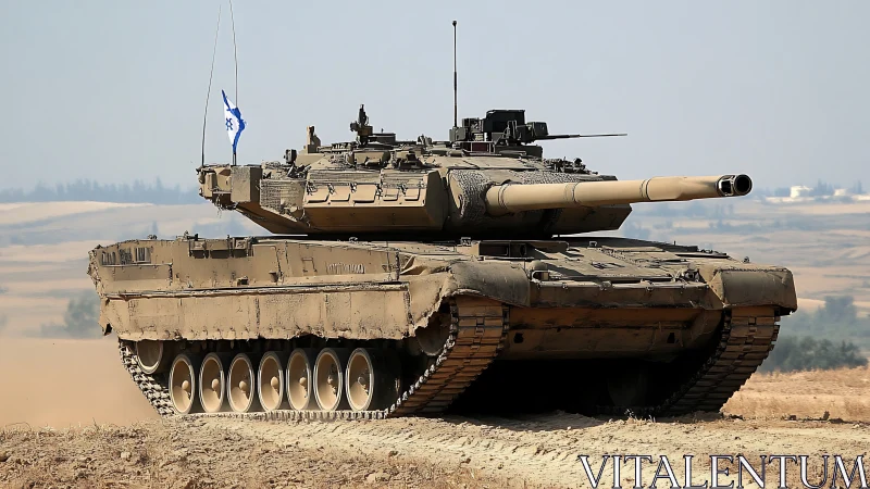 Israeli Main Battle Tank Positioned on Dusty Terrain.