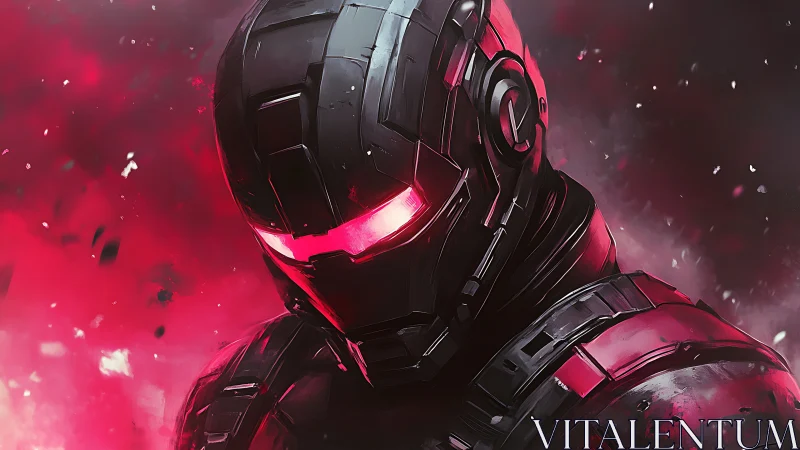 Crimson armored cyborg in glowing visor haze of battle.