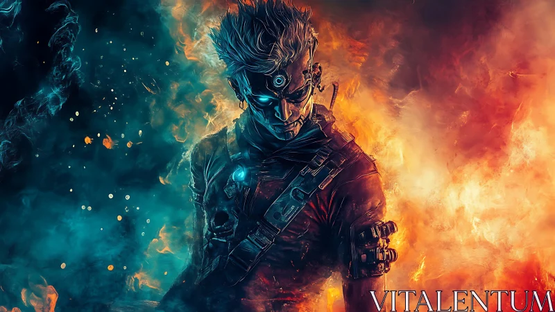 Cybernetic warrior divides elemental fire and smoke.