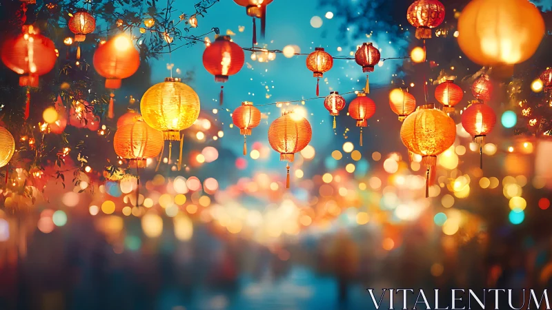 Lantern-lit festival street under twilight bokeh glow.