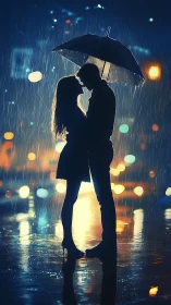 Silhouetted Couple Under Black Umbrella in Rain with Bokeh Lighting