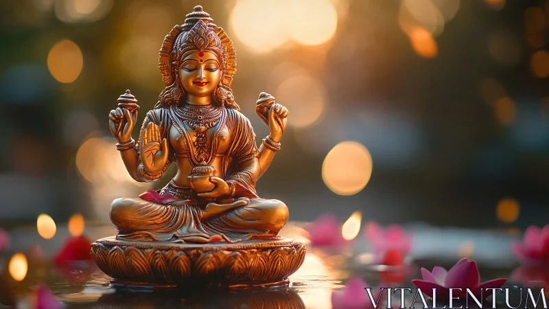Golden Hindu deity statue glows amid soft lotus bokeh light