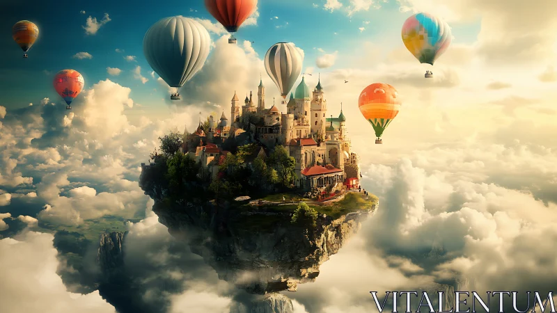 Floating sky island city with hot air balloons above clouds.