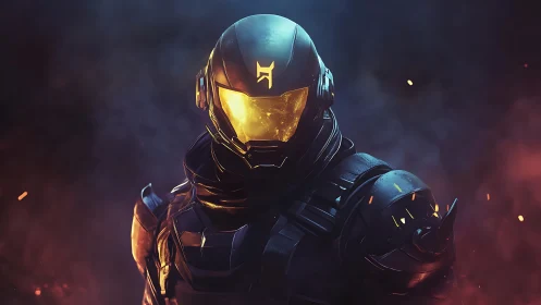 Armored sci-fi soldier stands in glowing ember-lit mist.