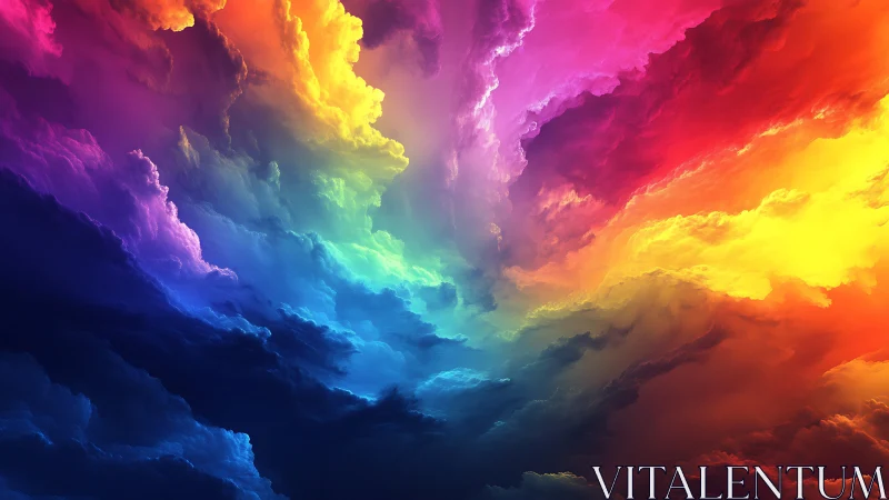 Radiant storm clouds spiral through prismatic spectral sky