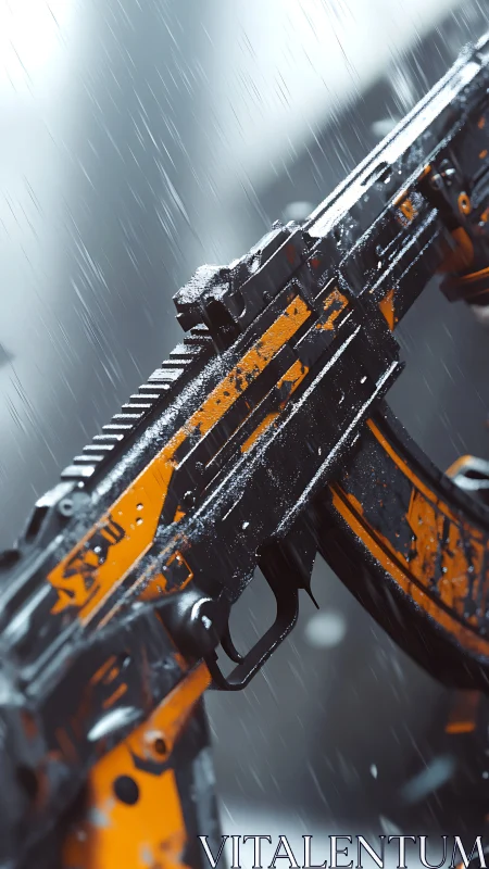 Close-up view of orange and black rifle in rainfall.