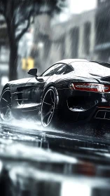 Aerodynamic supercar under dynamic rainfall motion blur.
