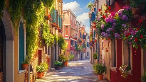 Sunlit Mediterranean alleyway glowing with lush florals.