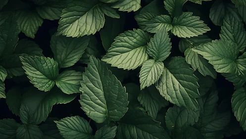 Mint leaves cluster under moody low key natural light.