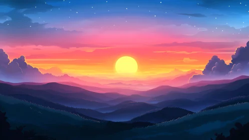 Stylized digital sunset over layered mountain ridges