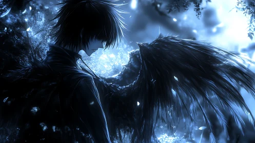 Winged figure silhouette before luminous forest light.