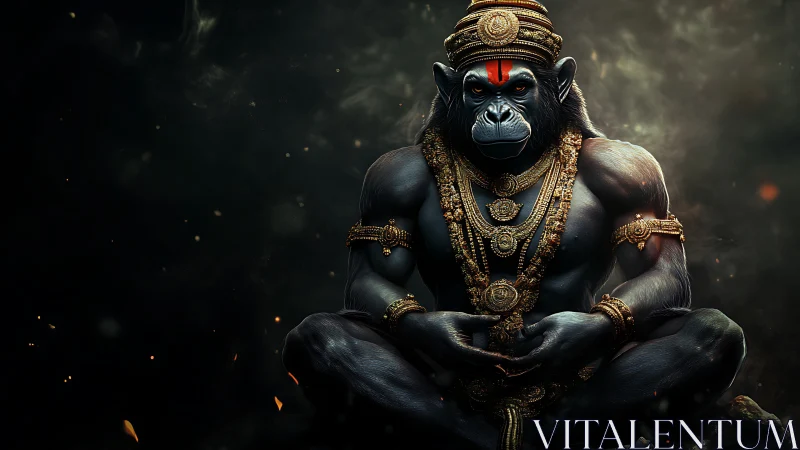 Simian humanoid figure sits adorned with ornate gold jewelry