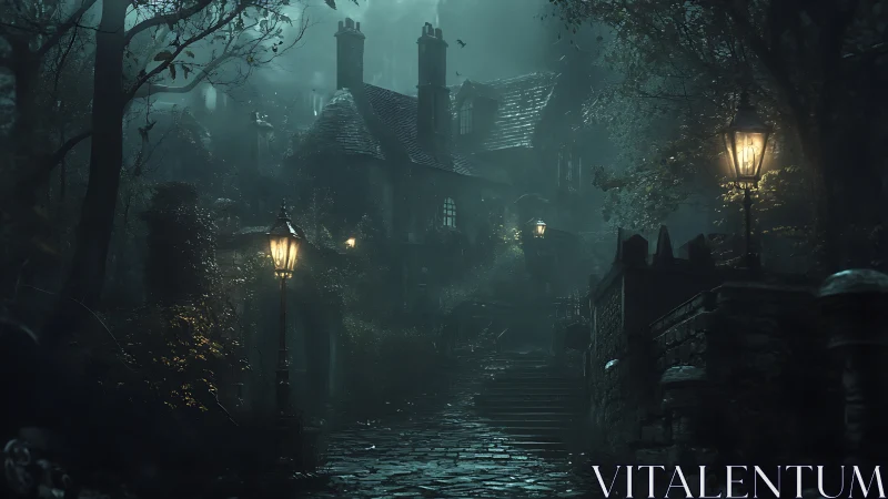 Moody digital painting of mist-shrouded Victorian manor path.