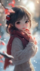 Snowy winter portrait of anime girl wrapped in red scarf.