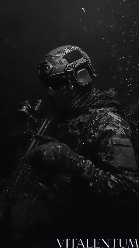 Tactical operator in digital camo with suppressed rifle, low key