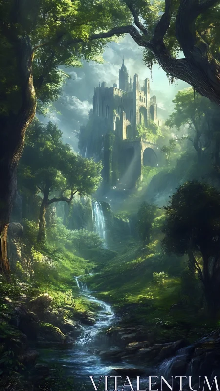 Medieval Castle Cathedral Framed by Ancient Forest Canopy and Stream