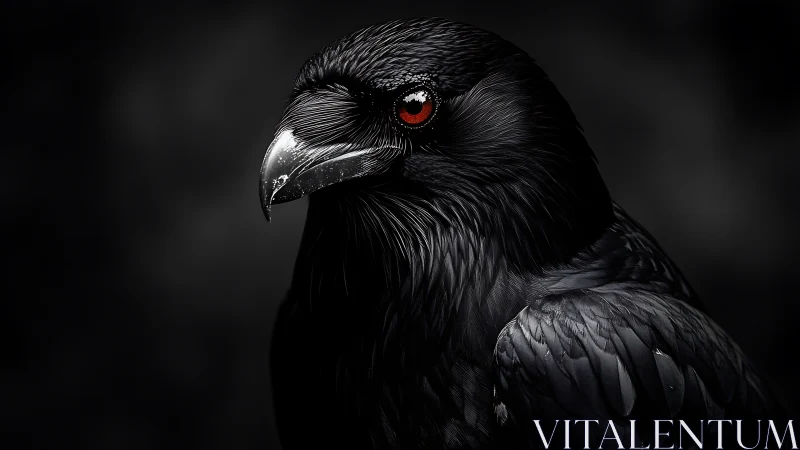 Black raven portrait shows red eye against deep shadow