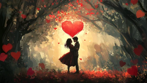 Romantic Couple Beneath Glowing Heart in Enchanted Forest.