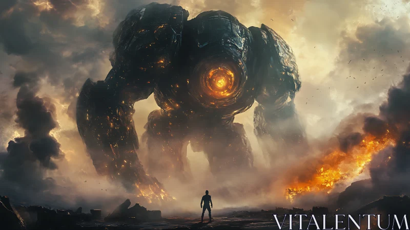 Colossal molten mech towering over lone human figure.