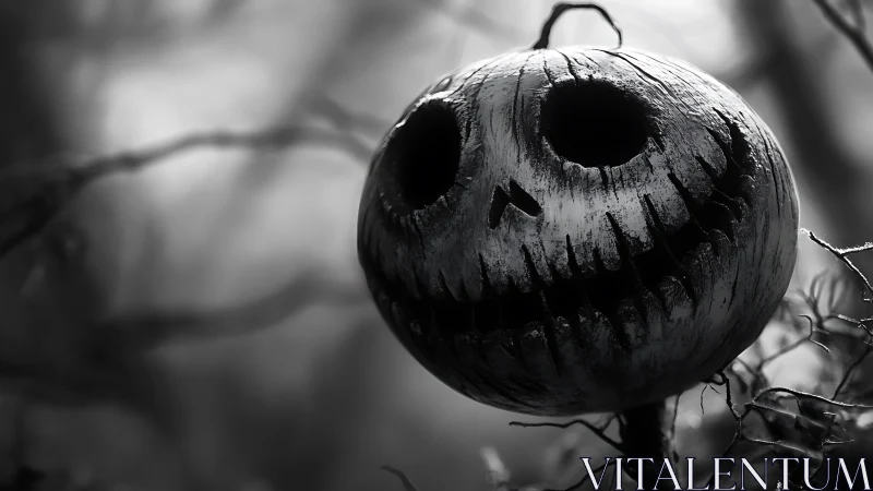 Carved pumpkin head with skull-like face in forest setting.