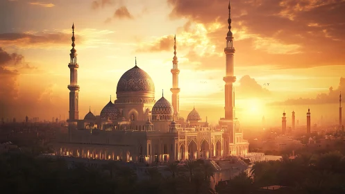 Photorealistic golden-hour mosque with luminous minarets.