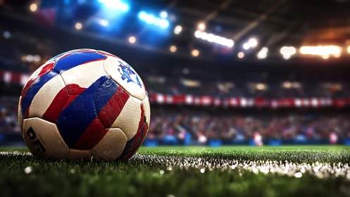 Photorealistic stadium close-up of worn match football on turf.