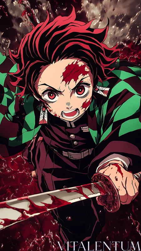 Blood-soaked swordsman hurtles forward through crimson fury