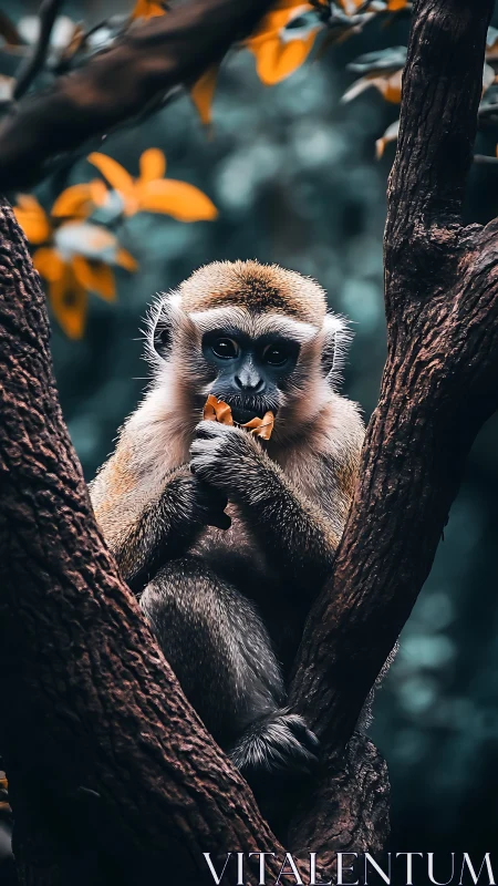 Small monkey sits between tree trunks holding food item