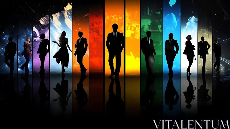 Corporate silhouettes align across multicolor cinematic panels