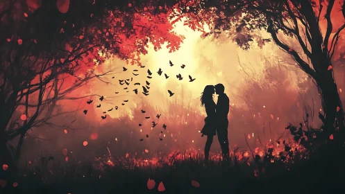 Silhouetted Embrace Beneath Crimson Canopy of Flight.