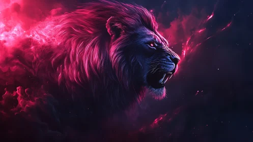 Celestial neon lion roars through cosmic magenta nebula.