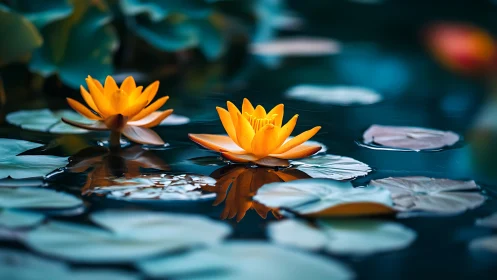 Golden Water Lilies Floating in Blue Pond.